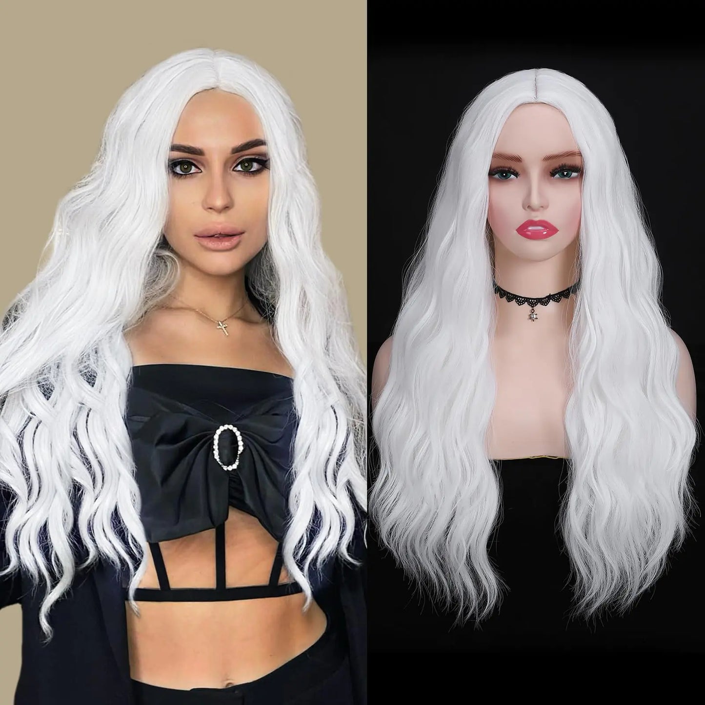 FAVE White Wig 24 Inches White Long Wavy Wig Middle Part White Wigs for Women Heat Resistant Long White Synthetic Wig White Cosplay Wig For Theme Party Daily Use