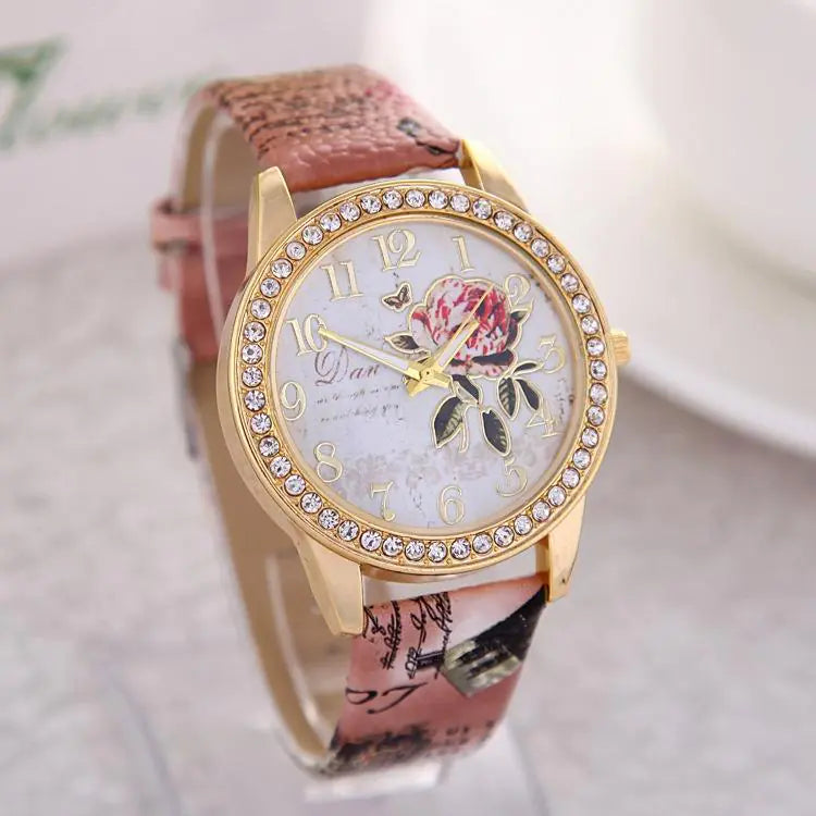 Chinese Floral Pattern Women's Quartz Watch with Leather Band