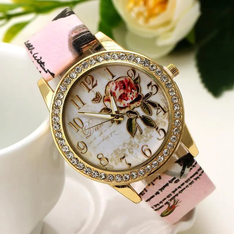 Chinese Floral Pattern Women's Quartz Watch with Leather Band