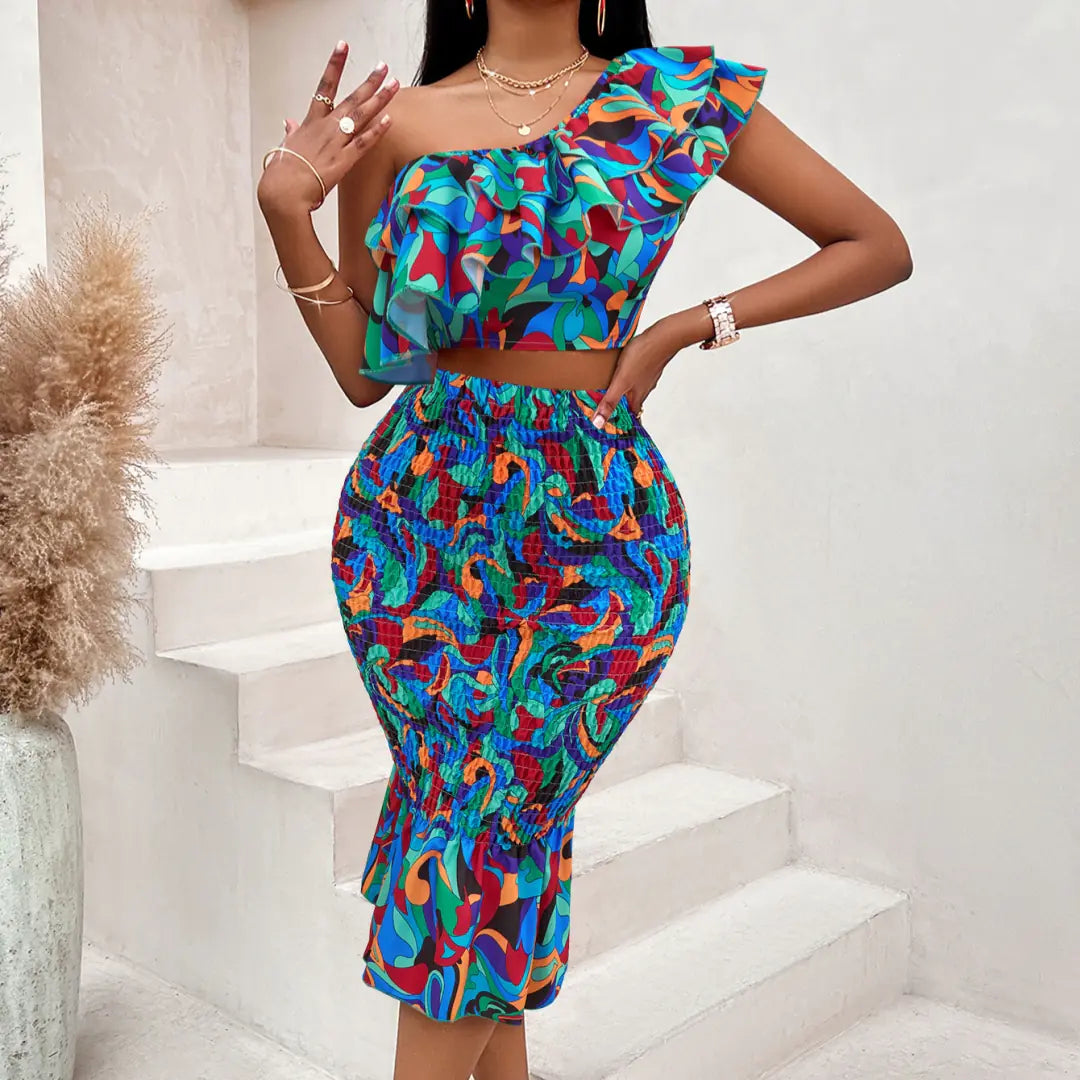 Women's Printed Oblique Shoulder Lotus Leaf Suit