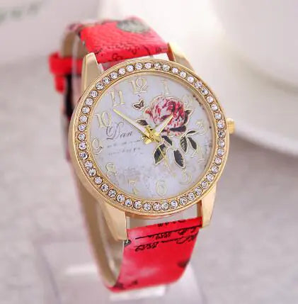 Chinese Floral Pattern Women's Quartz Watch with Leather Band
