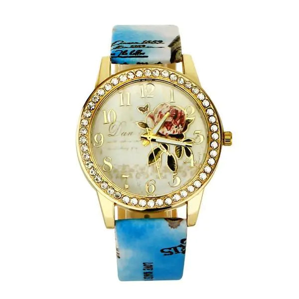 Chinese Floral Pattern Women's Quartz Watch with Leather Band
