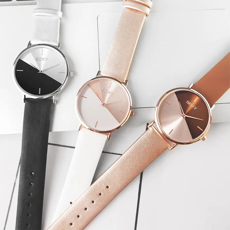 SOXY Women's Quartz Leather Strap Watch with Large Dial