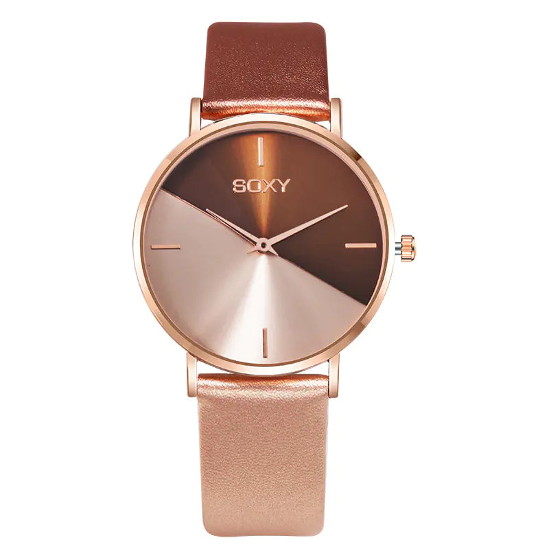 SOXY Women's Quartz Leather Strap Watch with Large Dial