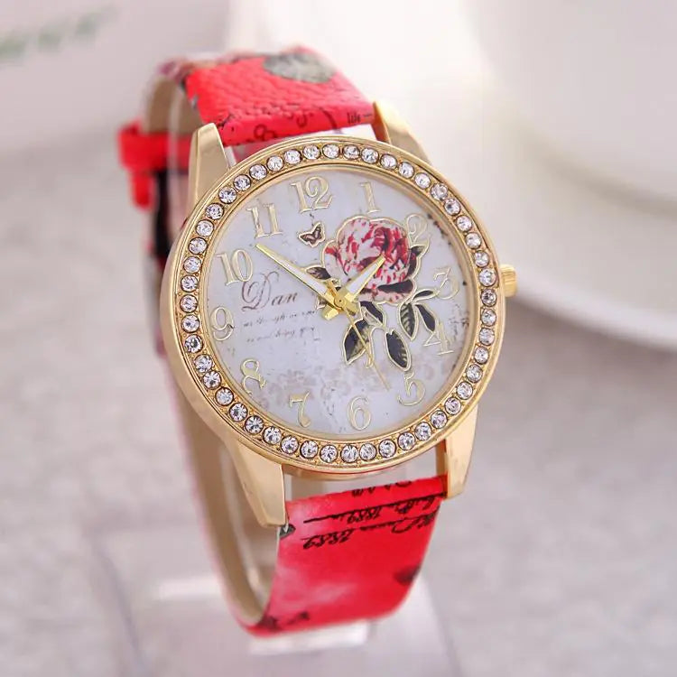 Chinese Floral Pattern Women's Quartz Watch with Leather Band