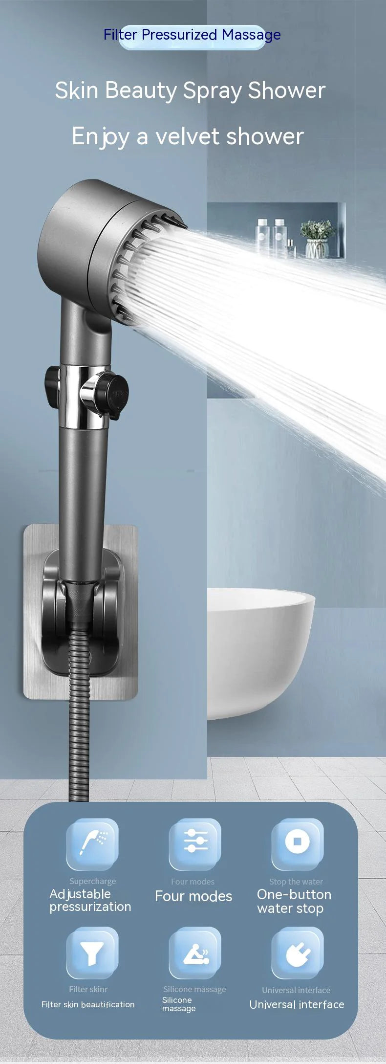 Adjustable Supercharged Shower Head with Hose