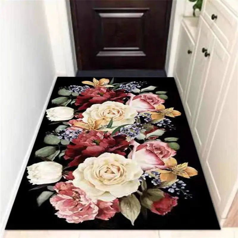 Elegant Floral Black Area Rug for Kitchen & Living Room