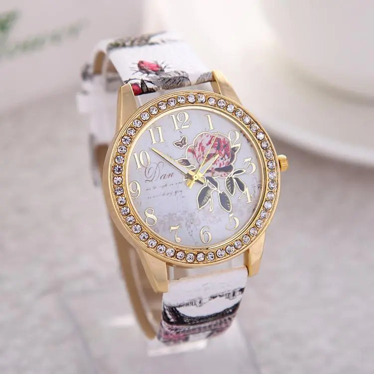 Chinese Floral Pattern Women's Quartz Watch with Leather Band