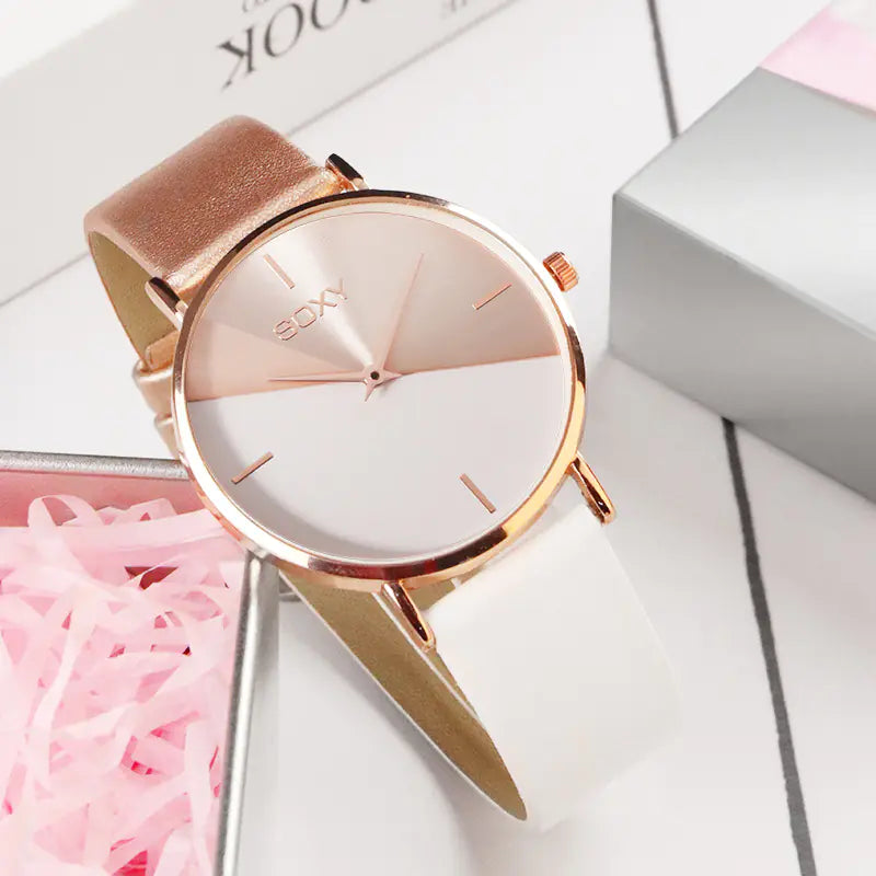 SOXY Women's Quartz Leather Strap Watch with Large Dial
