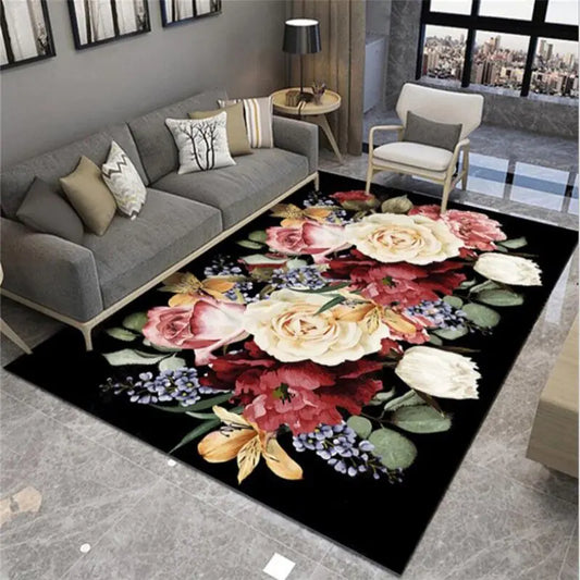 Elegant Floral Black Area Rug for Kitchen & Living Room