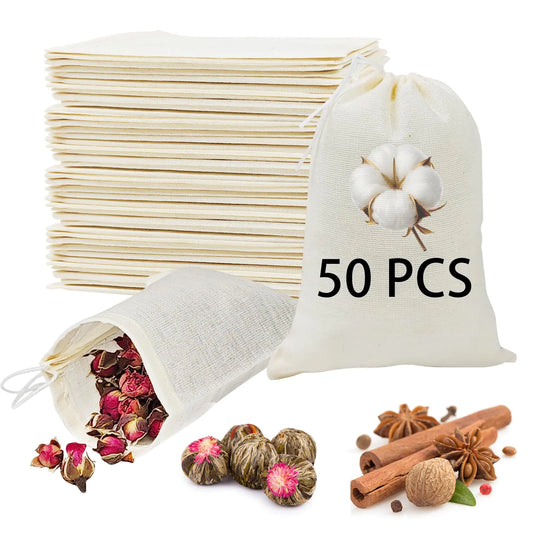 ARKBAODAN 50PCS sachets d'épices pour cuisson, sachets en mousseline 3x4, petits sacs en tissu avec cordons, sachets en mousseline réutilisables, sachets pour épices, sachets à cordon pour cuisson, sachets de pot-pourri vides
