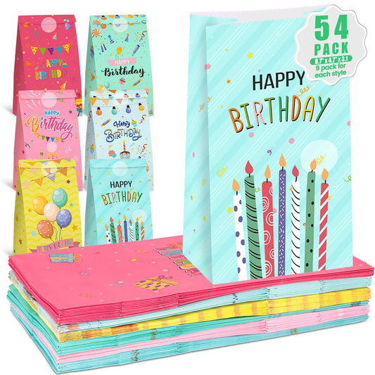 STARRKY 54PCS Sacs de Fête d'Anniversaire Sacs en Papier Joyeux Anniversaire Sacs à Friandises Sacs de Faveur de Fête Sacs Cadeaux pour la Fête d'Anniversaire des Enfants