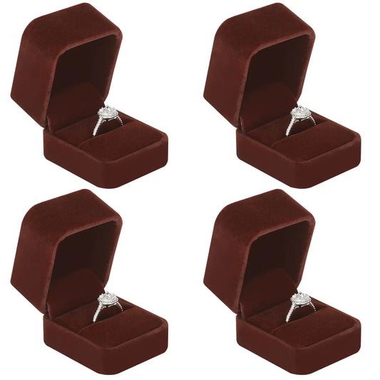 LETURE 4 Pieces Velvet Ring Gift Boxes Set Earring Pendant Jewelry Case Jewellry Display Box for Wedding EngagementProposal Birthday and Anniversary (Coffee-4PCS)