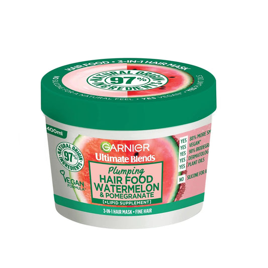 Garnier Hair Food 3-In-1 Fine Hair Treatment Mask 4x More Plumped Hair No Silicones Vegan Formula Watermelon Ultimate Blends 400ml (Packaging may vary)