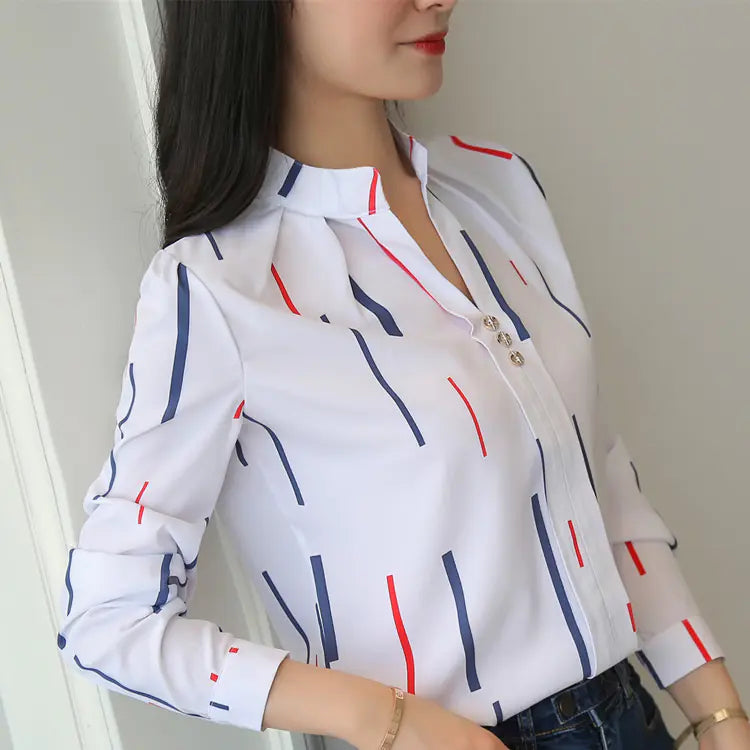 Loose Striped Stand Collar Women's Shirt - Long Sleeve Top
