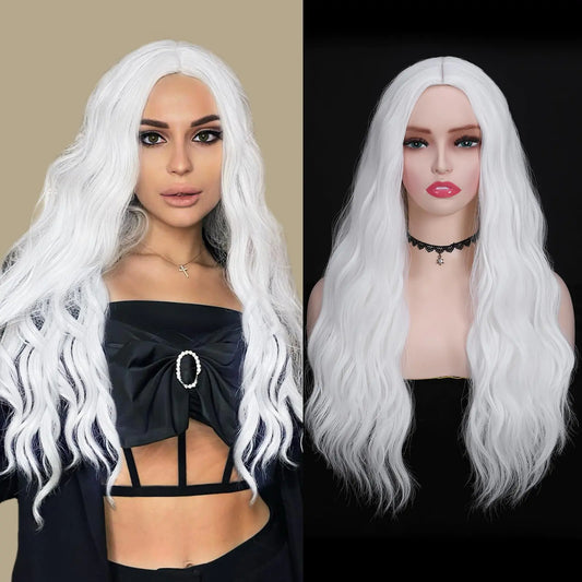 FAVE White Wig 24 Inches White Long Wavy Wig Middle Part White Wigs for Women Heat Resistant Long White Synthetic Wig White Cosplay Wig For Theme Party Daily Use
