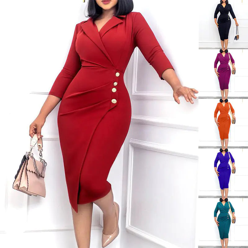 Women's Stylish Suit Collar Button Dress