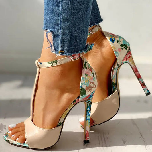 Escarpins à Bout Ouvert et Motif Floral avec Boucle pour Femme