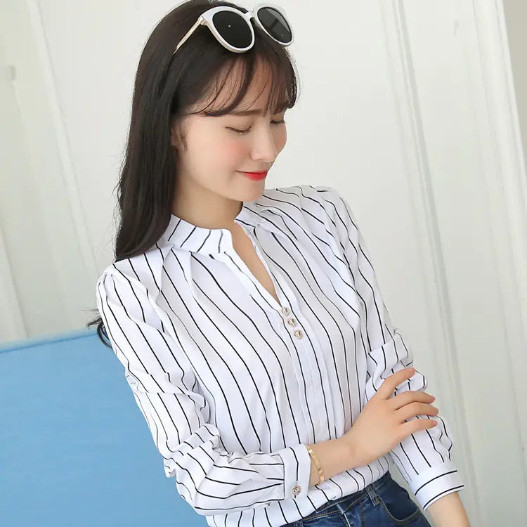 Loose Striped Stand Collar Women's Shirt - Long Sleeve Top