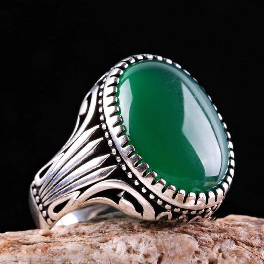 Vintage Emerald Carved Totem Ring for Men