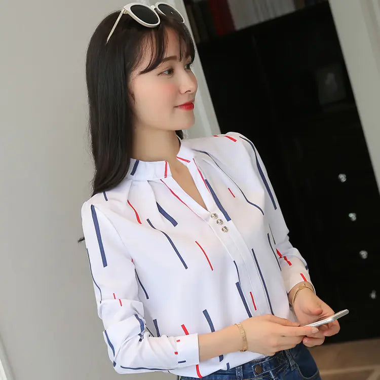 Loose Striped Stand Collar Women's Shirt - Long Sleeve Top