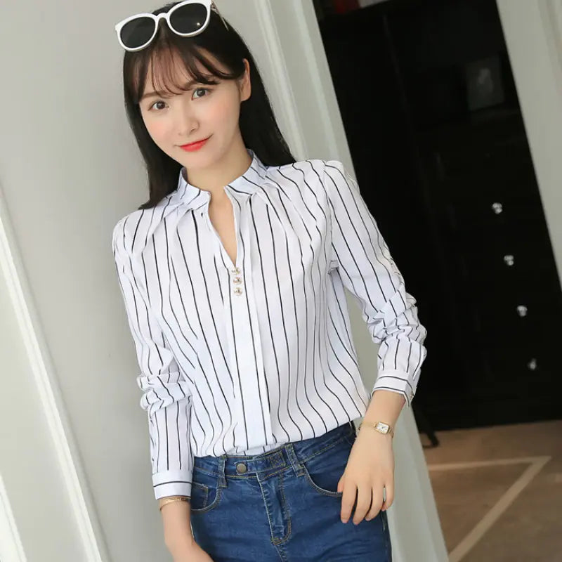 Loose Striped Stand Collar Women's Shirt - Long Sleeve Top