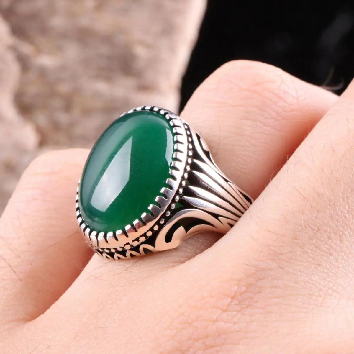Vintage Emerald Carved Totem Ring for Men
