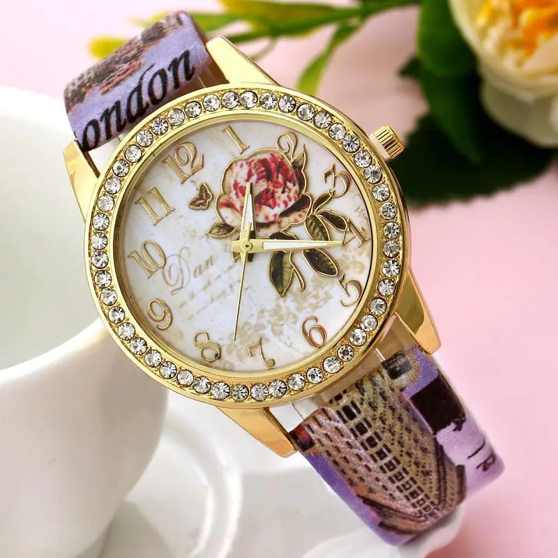 Chinese Floral Pattern Women's Quartz Watch with Leather Band