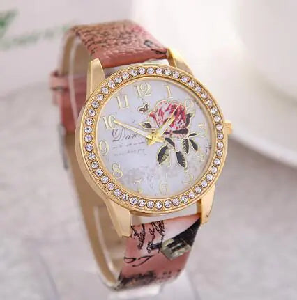 Chinese Floral Pattern Women's Quartz Watch with Leather Band
