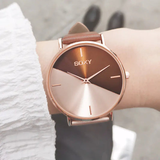 SOXY Women's Quartz Leather Strap Watch with Large Dial